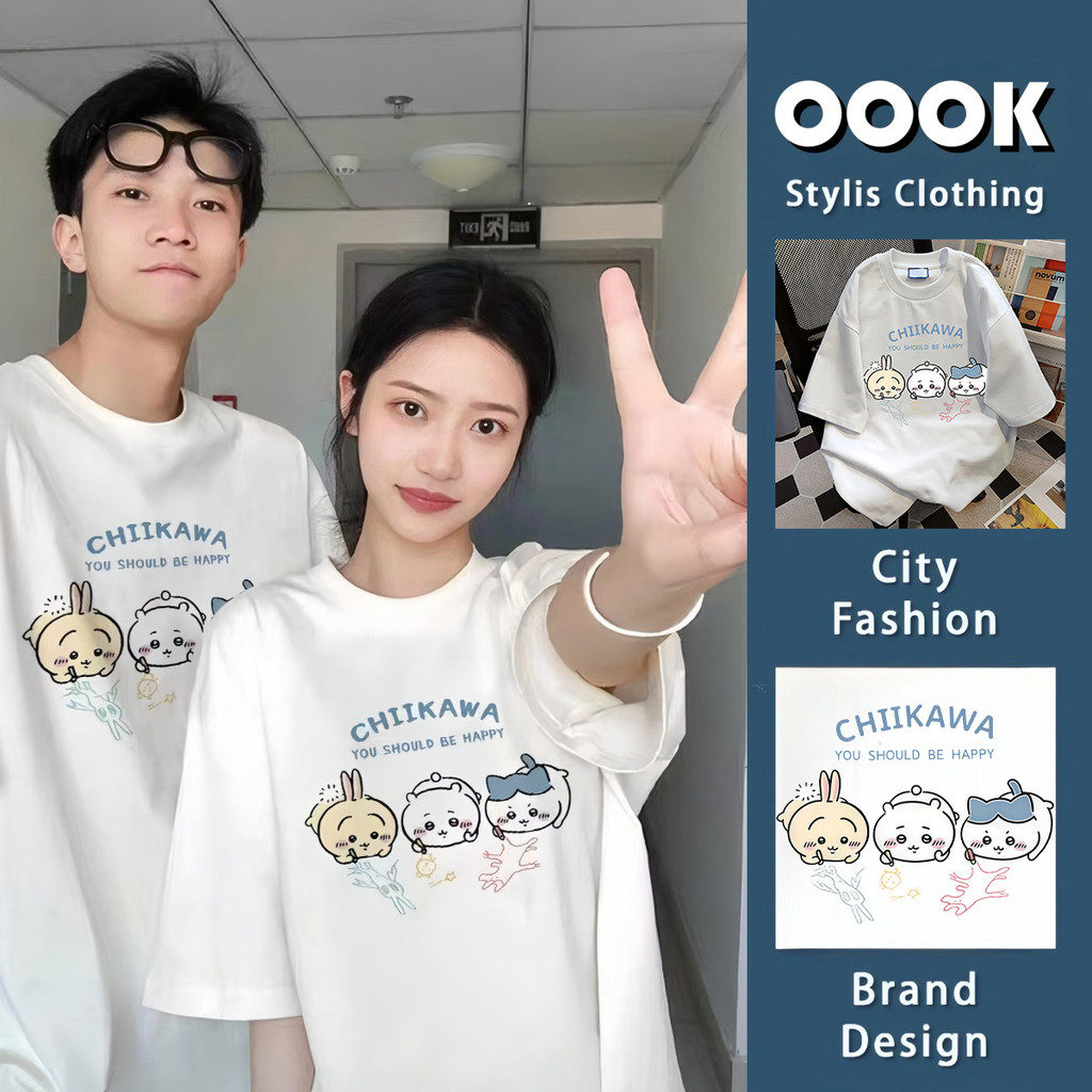(จัดส่งตลอด 24 ชั่วโมง）OOOK Official เสื้อเชิ้ตสีดำและสีขาวฤดูร้อน 2025 สำหรับคู่รักชาย - หญิง Chiikawa ที่ฮิตในญี่ปุ่น