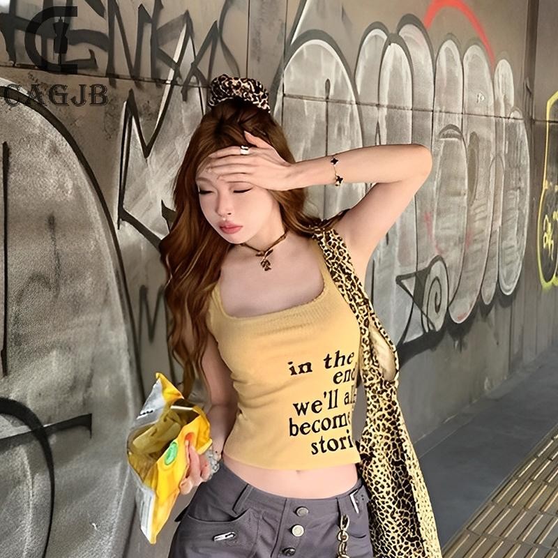 [SSNE] ผู้หญิงจดหมายพิมพ์ย้อนยุคคอสี่เหลี่ยมเสื้อแขนกุดฤดูร้อนตัดถัง UOM