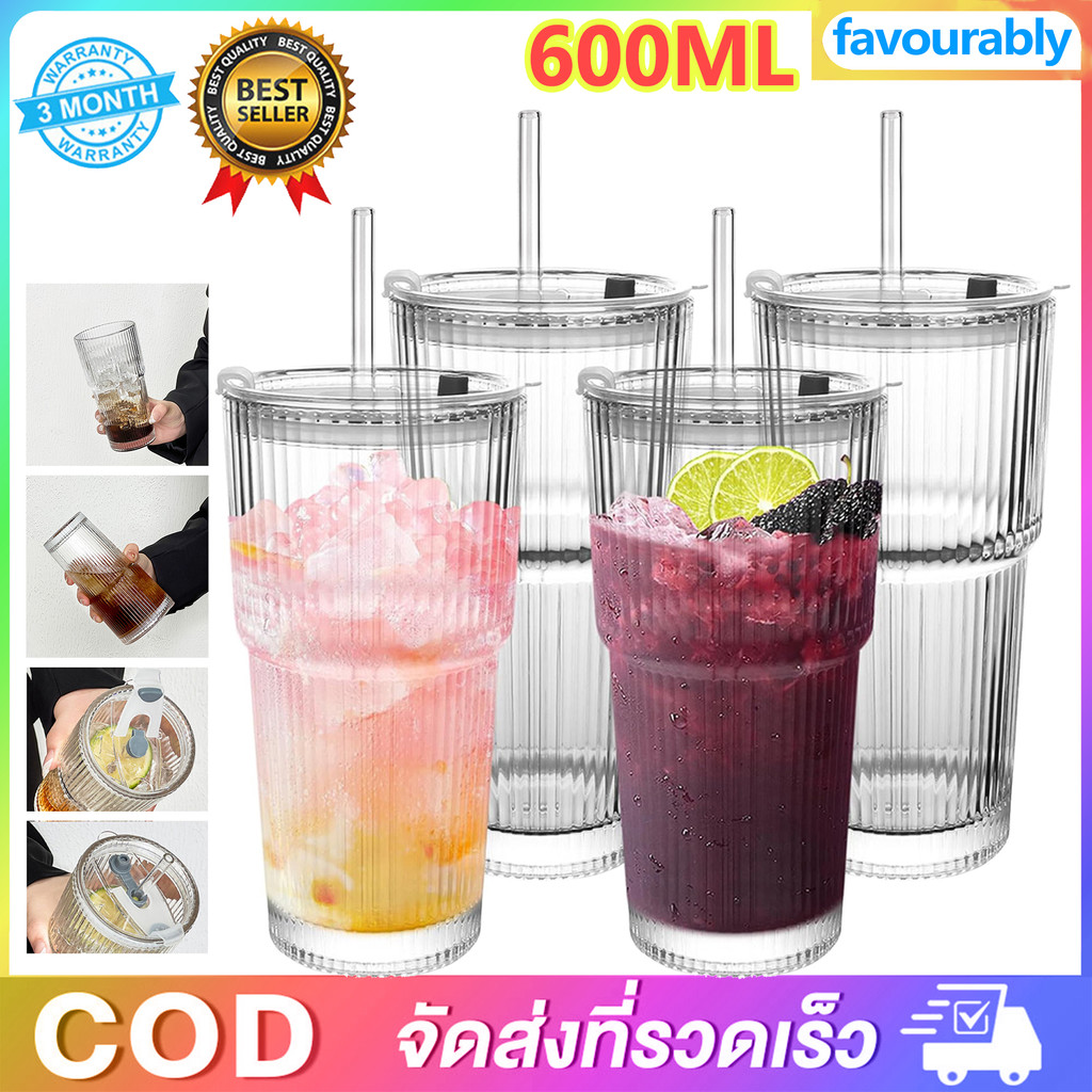 600ML ถ้วยแก้วลายทางแนวตั้ง 1 ชิ้น, ถ้วยกาแฟน้ําแข็ง, ชาน้ําใสวินเทจ, ถ้วยน้ํานม