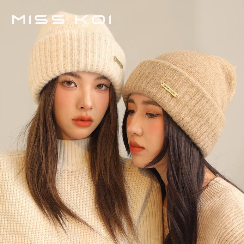 MISSKOI หมวกผู้หญิงฤดูใบไม้ร่วงฤดูหนาวความอบอุ่น Hot-Protecting หูแสดงใบหน้าขนาดเล็กถักหมวก Windproof ขนสัตว์เส้นรอบวงหัวใหญ่ Pi
