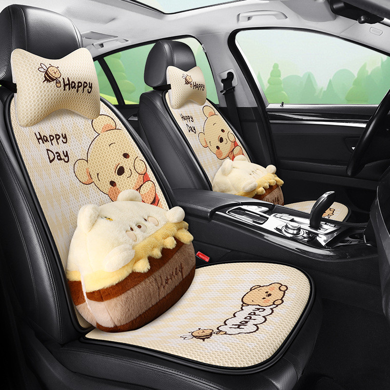 Car Seat Cushion Four Seasons Universal Cute Pooh Bear Girl Seat Cushion Single Piece Three-Piece Set Seat Cover Rear Row Cushion VQIn