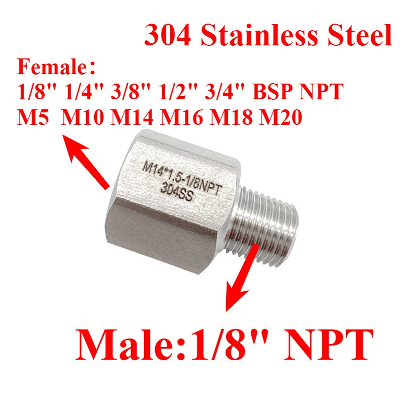 1/8 "NPT ชายกับ bsp/npt/M5-M20หญิงอะแดปเตอร์แรงดันสูง-304สแตนเลส HEX BUSHING
