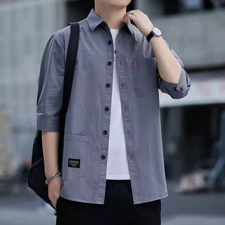 EERSHENSHI ครึ่งแขนเสื้อผู้ชายสไตล์ฮ่องกง Casual All-Matching เสื้อผ้าทํางานผ้าฝ้ายเสื้อหลวม