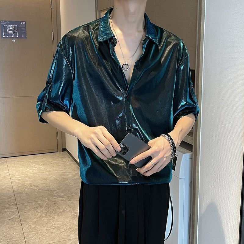 เสื้อเชิ้ตมันวาวสะท้อนแสงเมทัลลิกเหลวเกรดสูงผู้ชาย 2024 แฟชั่น