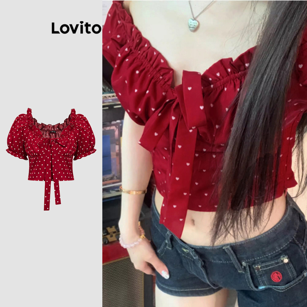 Lovito เสื้อเบลาส์ผู้หญิง ลายจุด แต่งโบว์หน้า สไตล์ลำลอง L91AD214