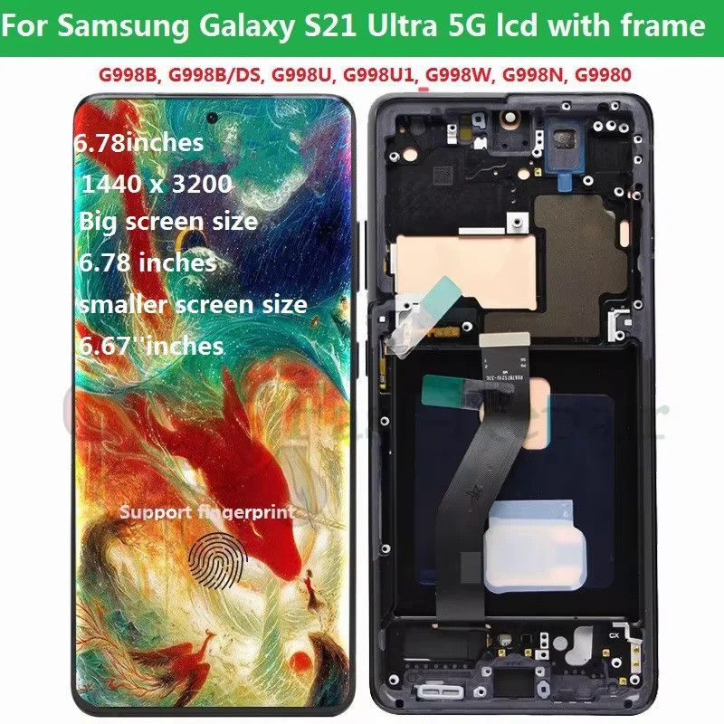 6.78" OLED S21 Ultra G998 สําหรับ Samsung Galaxy S21 Ultra lcd กรอบ G998B, G998B/DS, G998U, G998U1, 