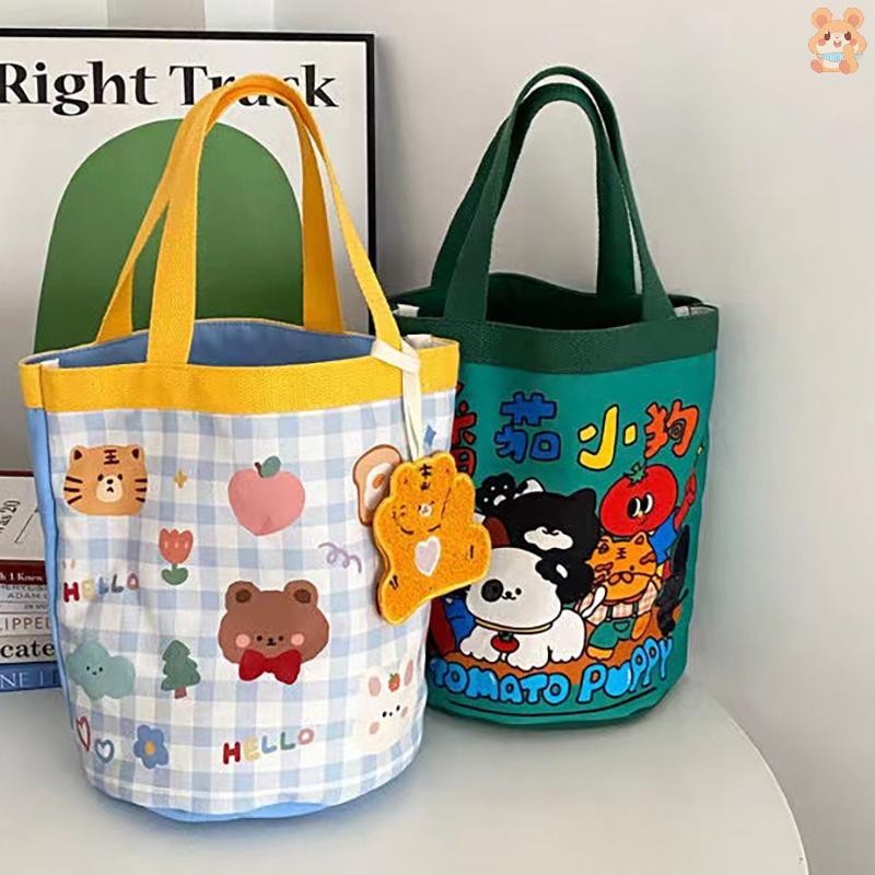 [LO] แบบพกพาสัตว์น่ารักรูปแบบ Graffiti Bucket Bag Ins พิมพ์กระเป๋าทรงกระบอกผ้าใบ Bento Bag กล่องอาหารกลางวันมือถือกระเป๋า TH