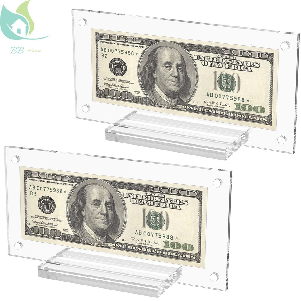 2 ชิ้น Dollar Bill Frame อะคริลิค Dollar Bill Holder พร้อมฐานสองด้านโปร่งใส Ticket Display Case Easy