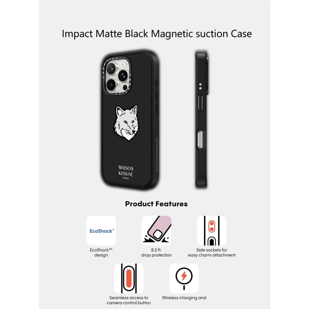 Casetify X Maison Kitsuné สีดํากรณี Matte สีดําแม่เหล็กดูด Hard อะคริลิคด้านหลังสําหรับ Apple IPhone 13 14 15 16 Pro Max Plus พร้อมกล่อง