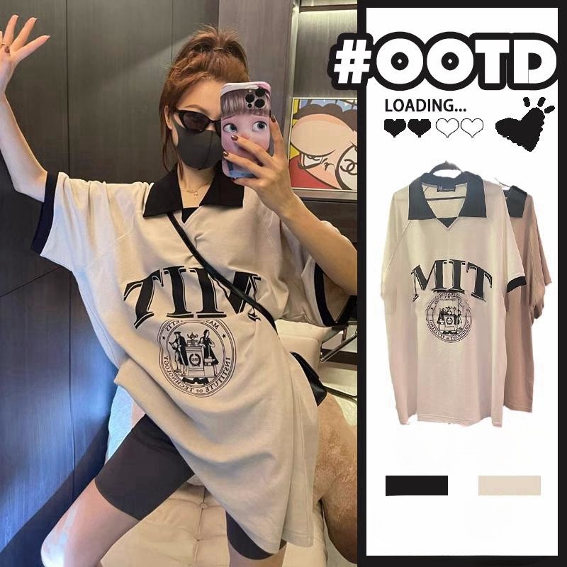ส่งไวจากไทย TAYCEN M-2XL ผู้หญิง สไตล์เกาหลี ลายสกรีนตัวหนังสือ แขนสั้น เสื้อโปโล โอเวอร์ไซส์ เสื้อ