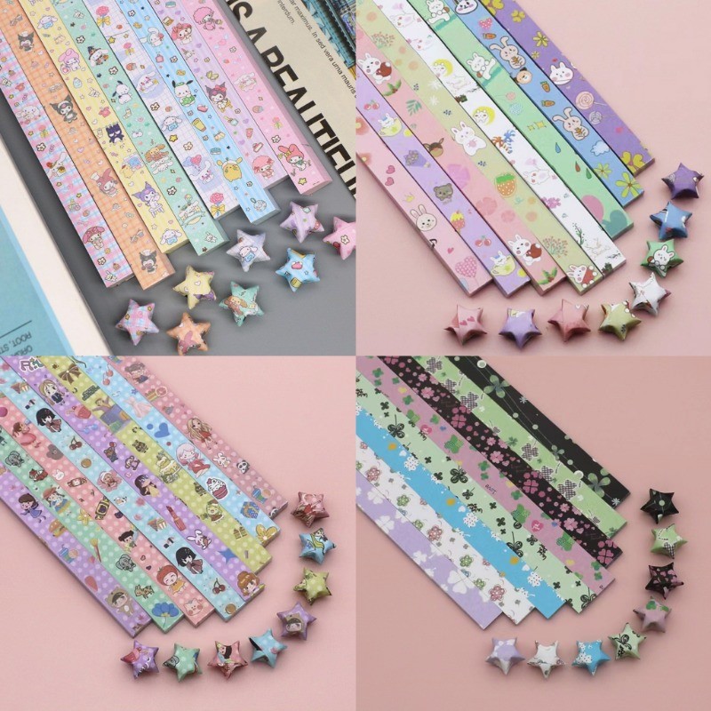 SANRIO 520ชิ้น ซานริโอ ดาวพับ ทําเอง ดาวพับแถบกระดาษพับหัตถกรรมที่มีสีสันการ์ตูน โชคดี ดาว ตกแต่งกระดาษ