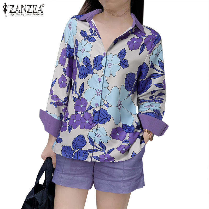 ZANZEA ซานเซีย ผู้หญิงเกาหลีเสื้อลําลองพิมพ์กางเกงขาสั้นหลวมสองชิ้นชุด