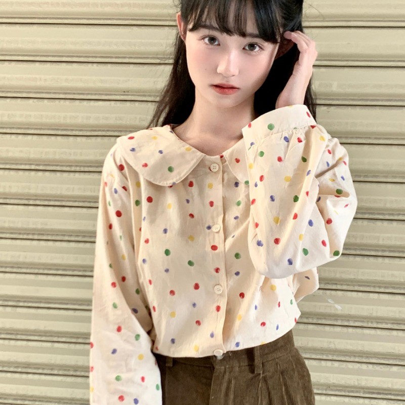 🧡LINNA🧡เวอร์ชั่นเกาหลี สี ลายจุด แขนยาว เสื้อเชิ้ต สไตล์ใหม่ แฟชั่น หวาน