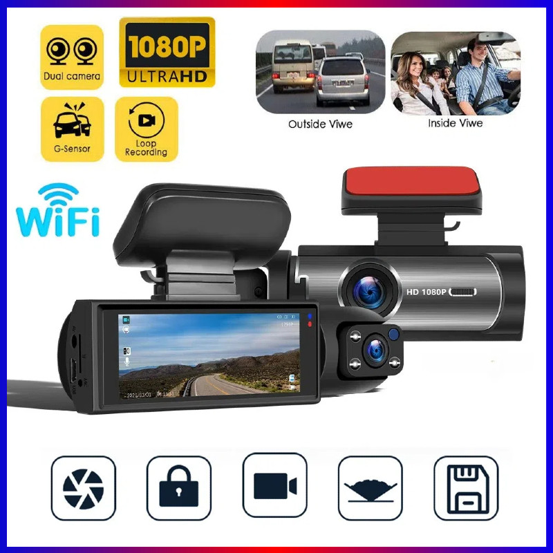 ใหม่ M8 Dash Cam WIFI 1080P Dual เลนส์ กล้องติดรถยนต์ DVR หน้าและในรถ 24H Video Monitor 3.16 นิ้ว หมุนได้ 360°