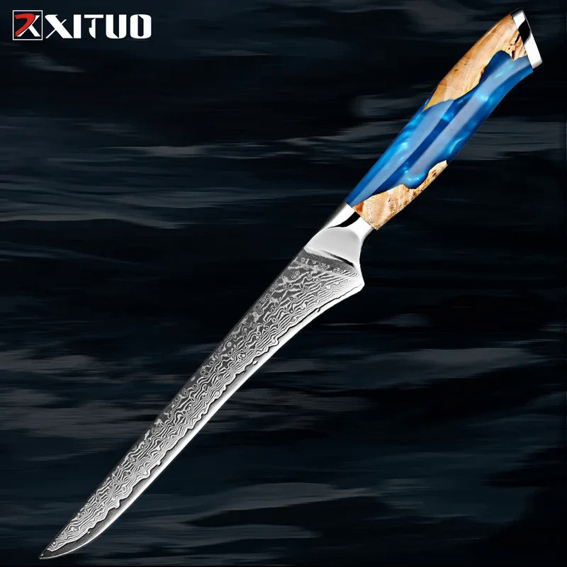 Professional Damascus Steel Boning Knife 6Inch Boning Fillet Knife Resin Stable Wooden Handle Bonele