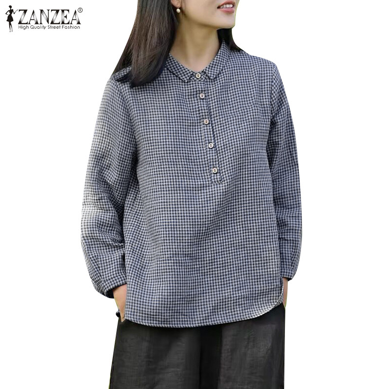 Zanzea เสื้อเชิ้ตแฟชั่นสตรีสไตล์เกาหลีเปิดลงปกลายสก๊อตแขนยาวดีไซน์หลวม