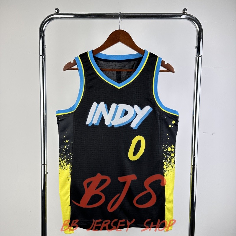 Hot Press Indiana Pacers jersey 0 Haliburton 2024-25 สีดําสีขาวสีเหลือง City edition jersey