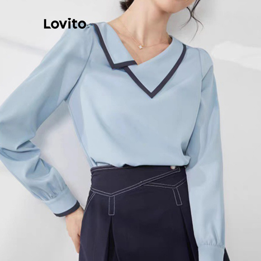 Lovito เสื้อเบลาส์ผู้หญิง สีพื้น แต่งขอบสี สไตล์ลำลอง LNL70076