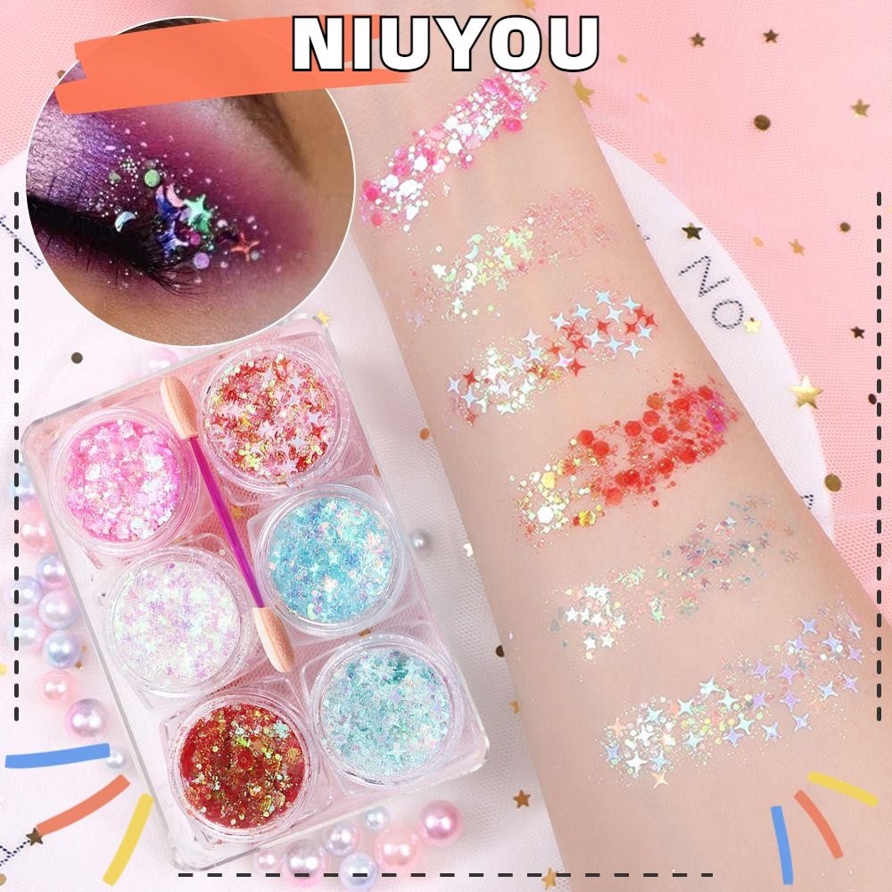 Niuyou 6Jars/Set Eyeshadow Glitter Gel, Stage ไม่ต้องใช้กาว Body Nail Glitter Gel, Face Hair สีสัน Heart Star Moon Sequins
