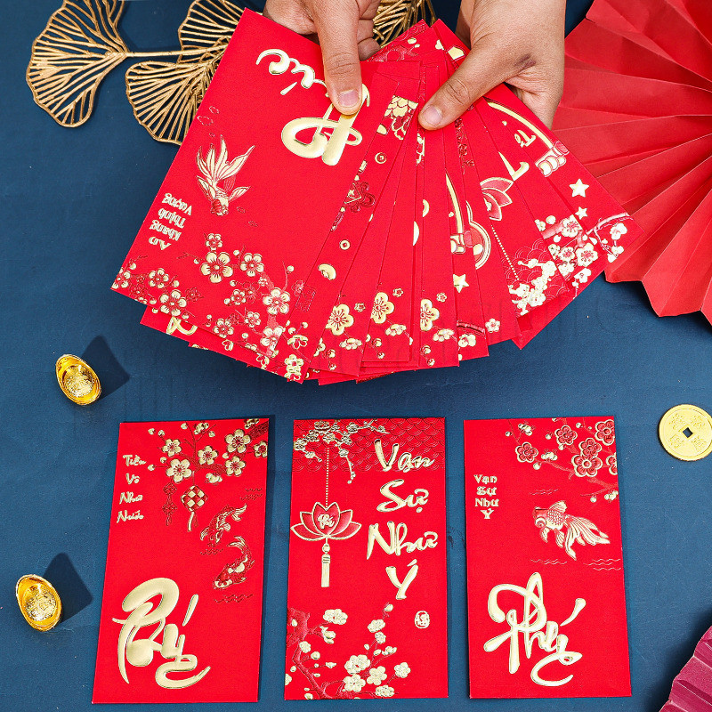ซองจดหมายสีแดงการ์ตูนภาษาเวียดนาม - Tradition Wishes Hongbao - กระเป๋าสีแดงปีงู - ซองสีแดงเทศกาลฤดูใบไม้ผลิ - ถุงสีแดงเงินนําโชค - ถุงกระดาษตกแต่งของขวัญ
