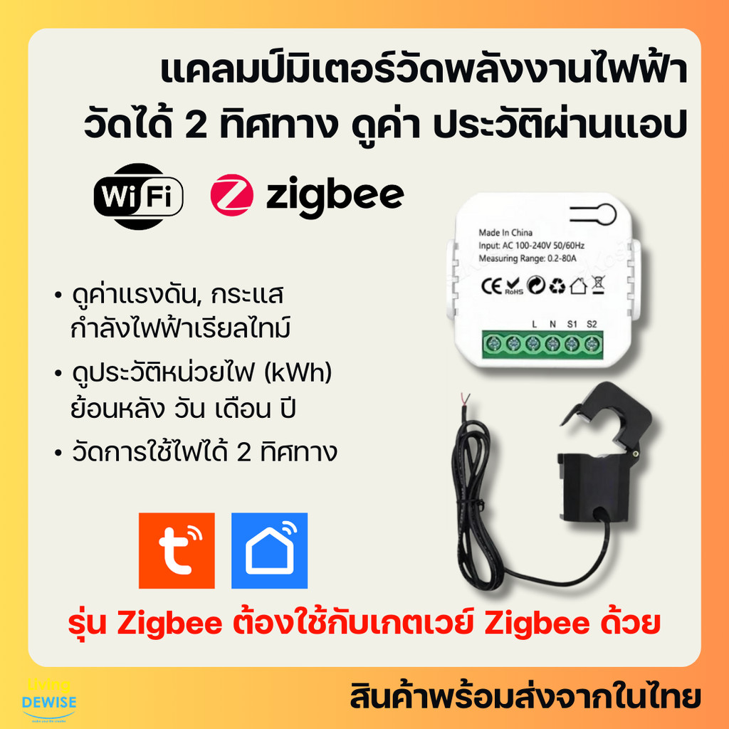 Tuya แคลมป์มิเตอร์ Wi-Fi (รุ่น PJ) วัดพลังงานไฟฟ้าได้ 2 ทิศทาง ขนาด 80A ดูค่าและประวัติผ่านแอป-Clamp Meter