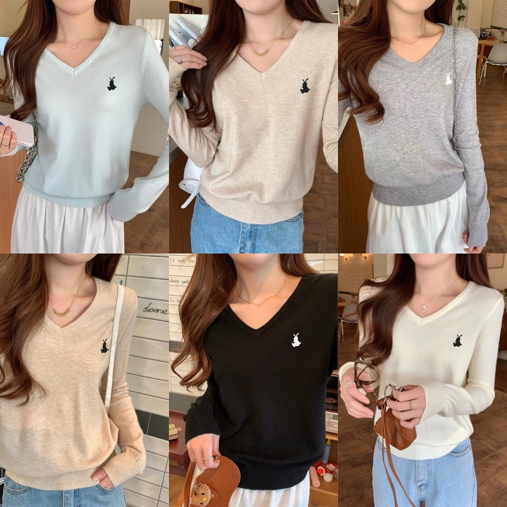 Evelyn เสื้อไหมพรม คอวี คอวี แขนยาว ปักอกลายกระต่าย น่ารักๆ สีสดใส สไตล์เกาหลี ใส่สบาย แฟชั่น#08068