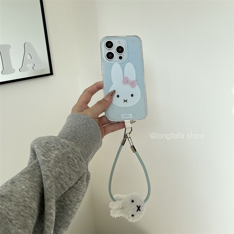 ลายจุดสด Miffy กระต่าย Lanyard การ์ตูนปัก Denim ผู้ถือบัตรแฟชั่นน่ารักเคสโทรศัพท์สําหรับ IPhone 15 14 13 16 Pro Max 14pro 13pro 16pro 15pro 16promax ฝาครอบป้องกัน