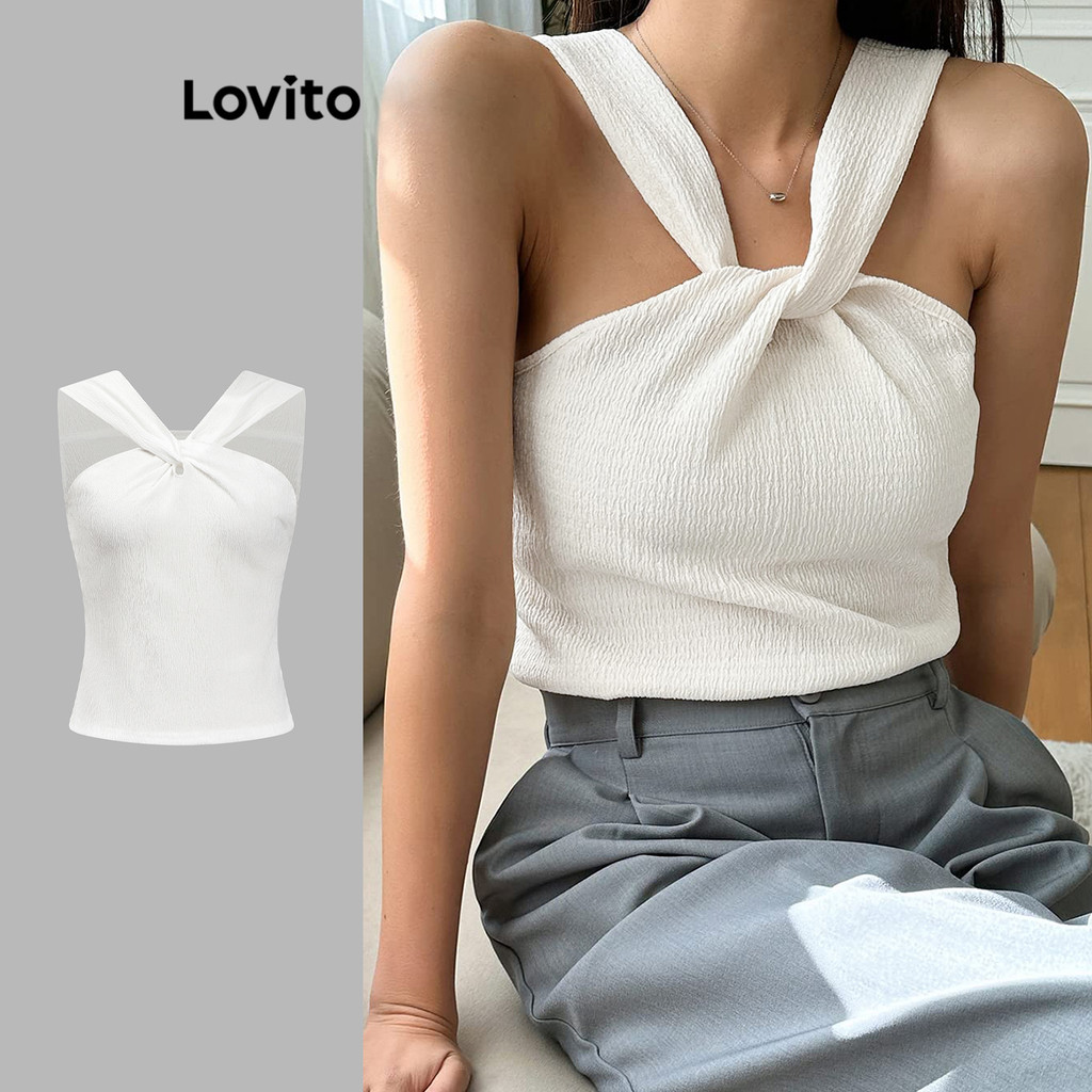Lovito เสื้อกล้ามผูกโบว์สีพื้นสำหรับงานปาร์ตี้สำหรับผู้หญิง L109MD439