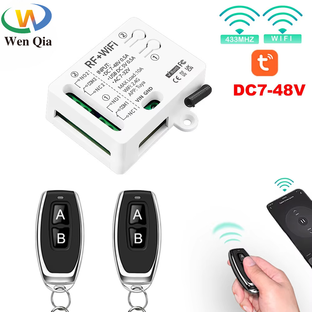 Wifi Tuya ไร้สาย 433 mhz Universal Gate รีโมทคอนโทรลสวิทช์ DC 5V 48V 2Ch 10A แห้งรีเลย์ตัวรับสัญญาณระยะไกลสําหรับโรงรถประตู Led