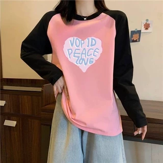 Alva เสื้อยืดแขนยาว คอกลม ทรงหลวมขนาดใหญ่ สีพื้น พิมพ์ลายหัวใจน่ารัก แฟชั่นฤดูใบไม้ผลิและฤดูใบไม้ร่วง #B016