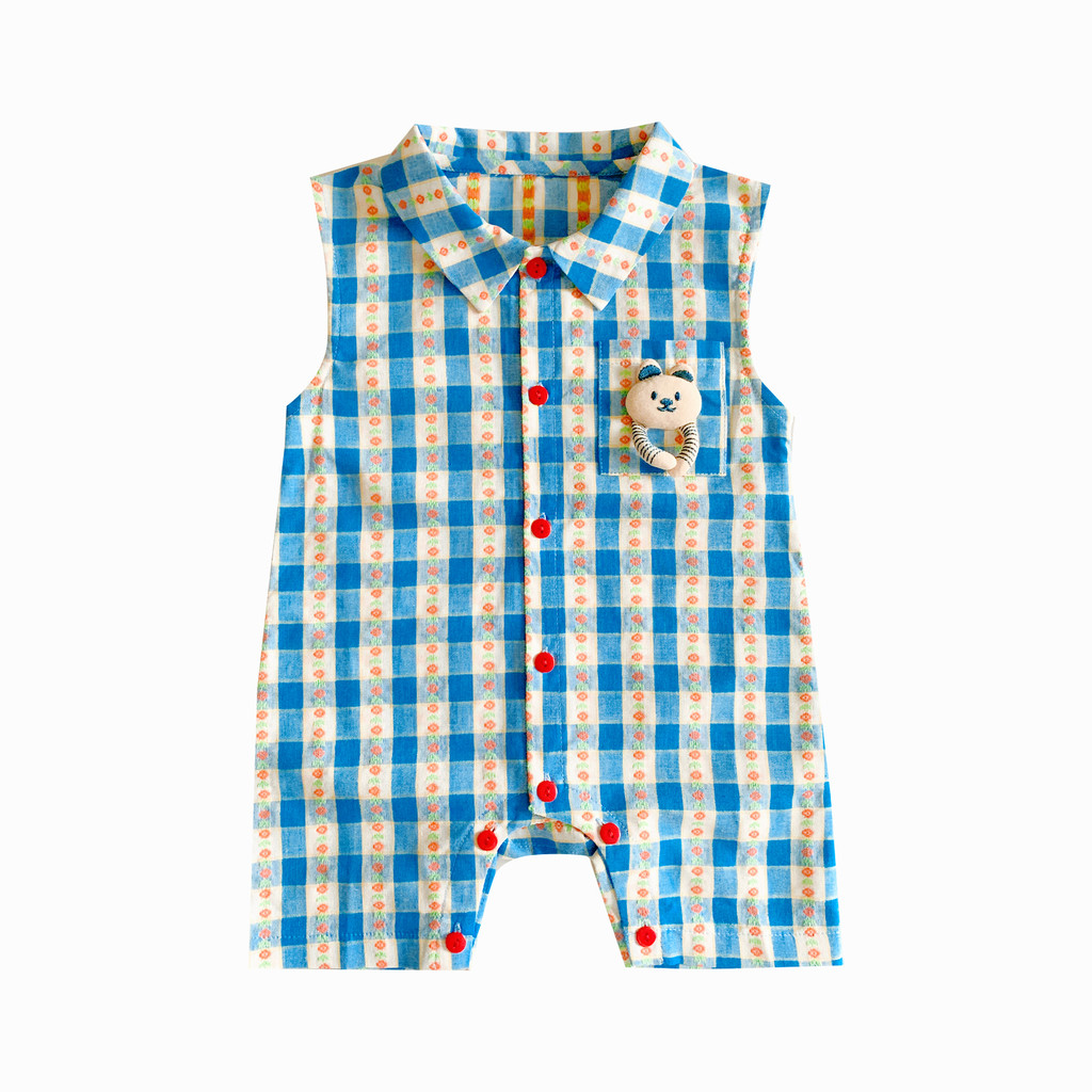 ฤดูร้อนใหม่เสื้อผ้าเด็กทารกชายและหญิงแขนกุดบอดี้สูท 0-24 เดือนระบายอากาศและสะดวกสบายการ์ตูนหมีลายสก๊อต ชุดรอมเปอร์ สไตล์เกาหลี - รูปที่ 4