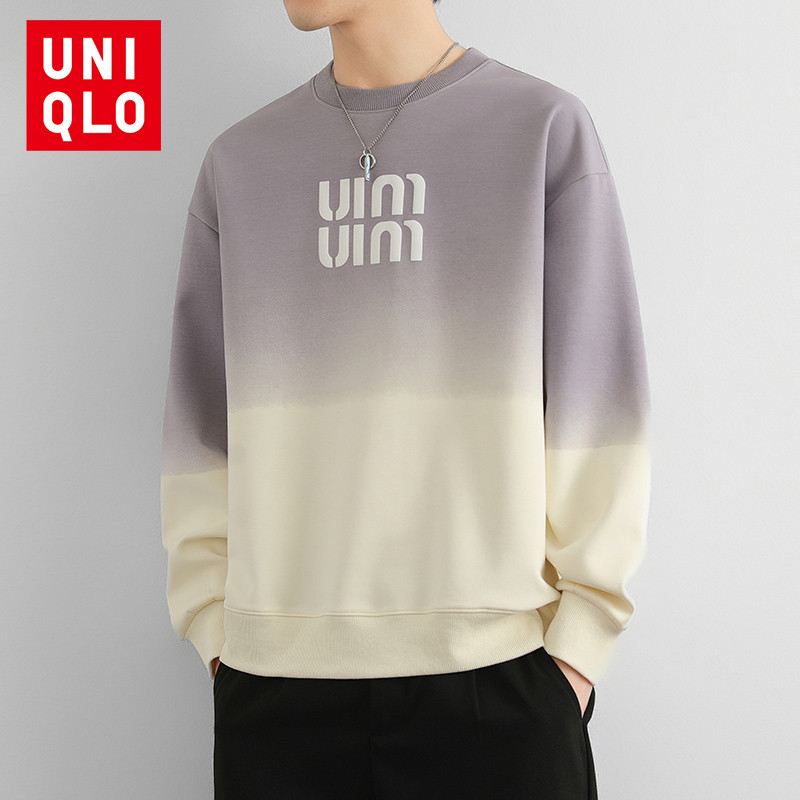 UNIQLO ยูนิโคล่ ใหม่ฤดูใบไม้ผลิและฤดูใบไม้ร่วงรอบคอผู้ชายด้านบน, เกาหลี อิน อินเทรนด์ไล่โทนสีสีเสื้อแขนยาว, เสื้อลําลองผู