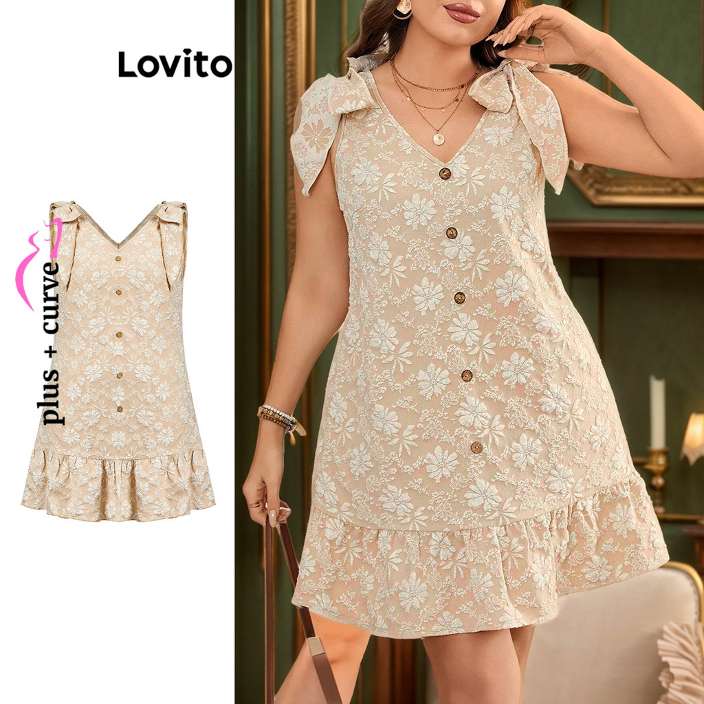 Lovito พลัสขนาดหรูหราปุ่มโบว์ดอกไม้ชุดด้านหน้าสำหรับผู้หญิง LBL16474