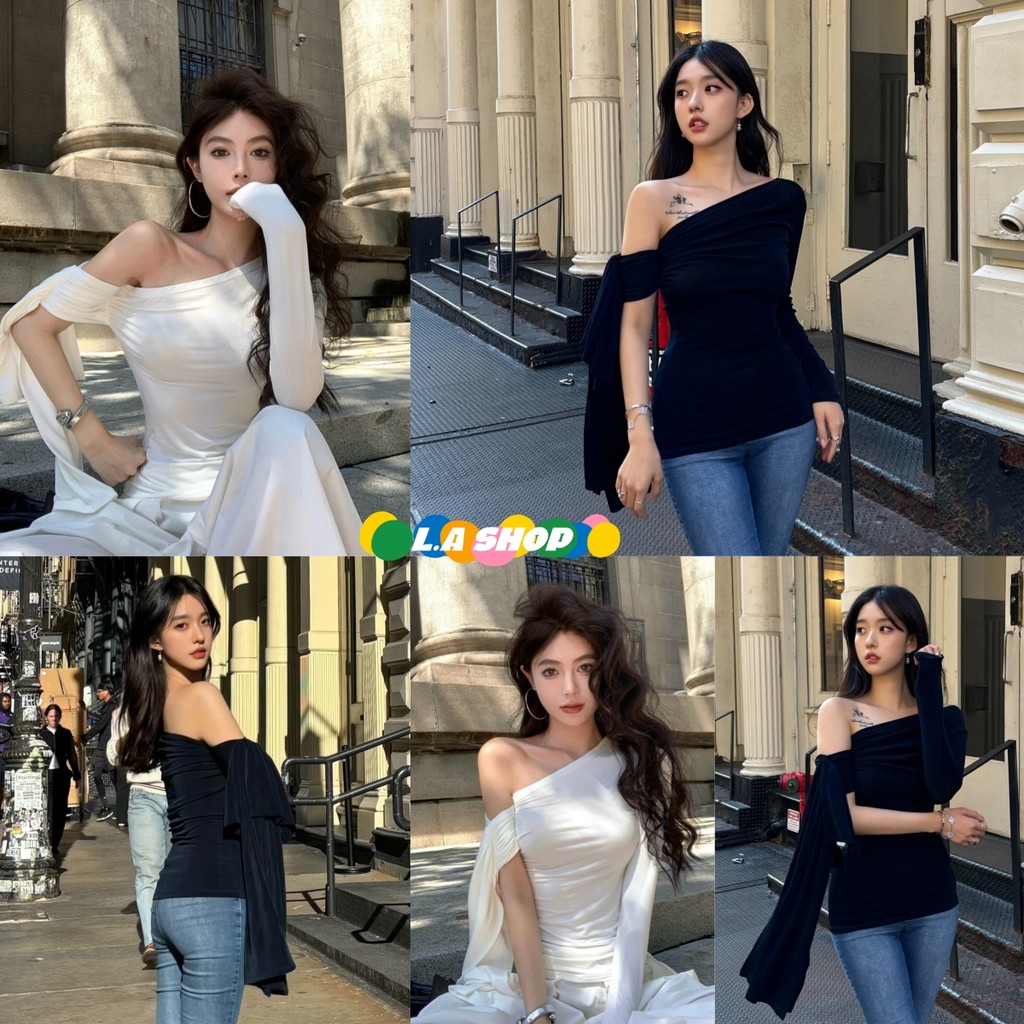 L.A Shop★สไตล์ใหม่★เสื้อแขนยาว ดีเทลแต่งเปิดไหล่สีพื้นขาวดำ ยืดใส่สบายมาก ผ้าทิ้งตัว "FY2753"