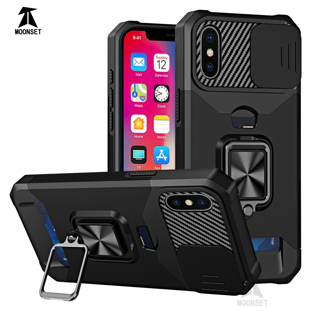 สําหรับ iphone X / Xs Max / XR Case พร้อมฝาครอบกล้องเลื่อนผู้ถือบัตรแหวน Kickstand Heavy Duty ป้องกัน Slim Thin Cover