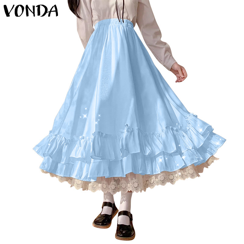 Vonda ผู้หญิงเกาหลีอารมณ์ Casual เอวสูง Patchwork Ruffled กระโปรง