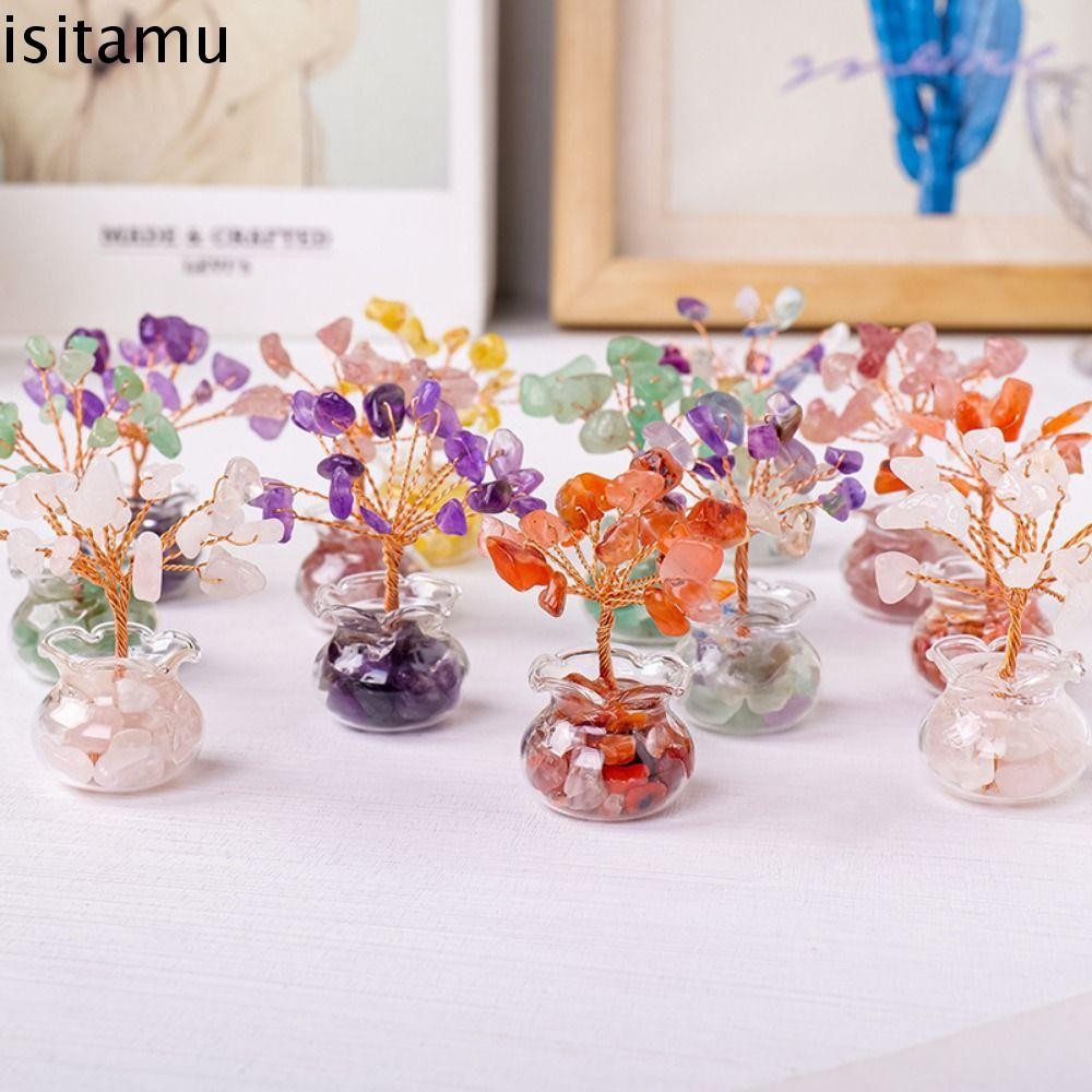 อิซิทาฟ ธรรมชาติ อาเวนทูรีน บอนไซ, ฮวงจุ้ยตกแต่งแฮนด์เมดต้นไม้คริสตัลขนาดเล็ก, ความมั่งคั่งจักรรักษาคริสตัลลวดทองแดงบวกพลังงานล้างโชคหุ่นโต๊