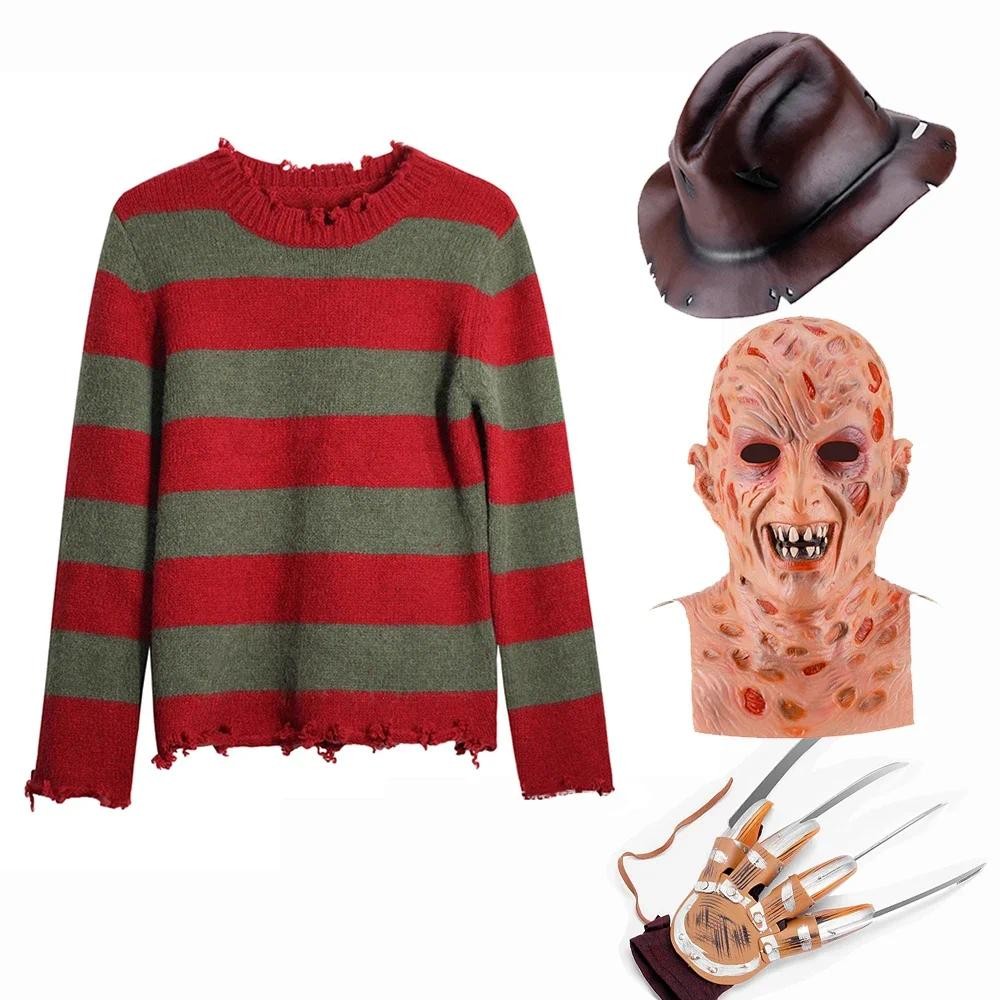 Freddy Krueger คอสเพลย์เครื่องแต่งกายผู้ใหญ่เสื้อกันหนาวสีแดงลายถักเสื้อหมวกหน้ากาก Freddie Krueger 