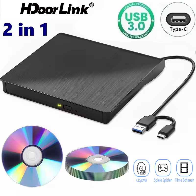 Hdoorlink 2 in 1 Type-C USB 3.0 ไดรฟ์ DVD ภายนอกแบบพกพา Ultra Slim DVD-RW CD Player Burner Writer Reader สําหรับแล็ปท็อปเดสก์ท็อป PC