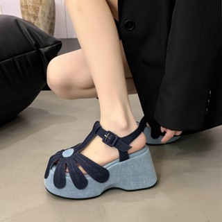 รองเท้าแตะผู้หญิง สไตล์เกาหลี แฟชั่น หัวกลม ผ้าเดนิม สบายๆ พ…