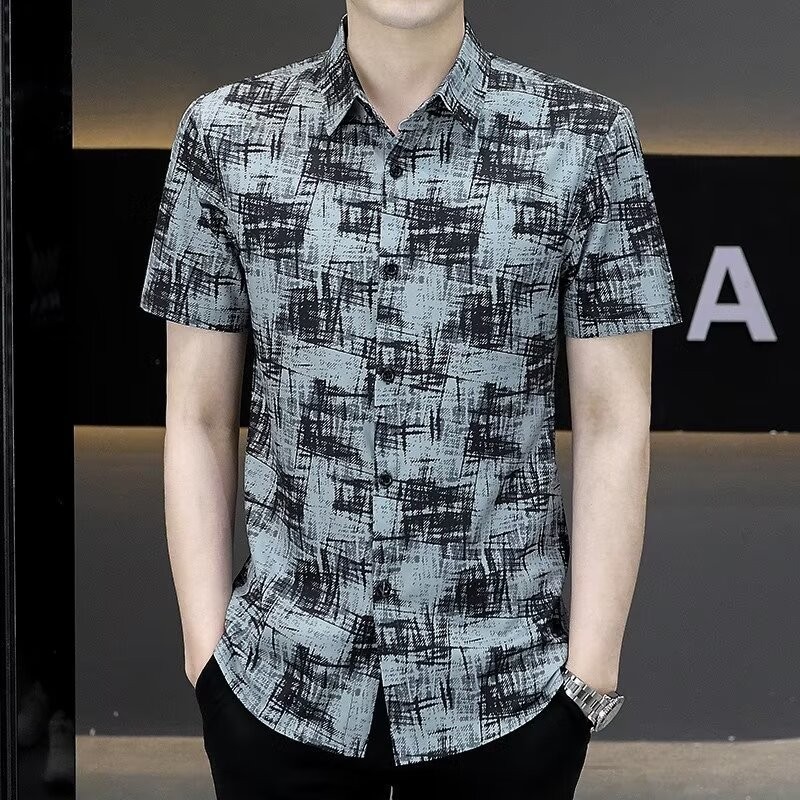 EERSHENSHENG เสื้อเชิ้ตแขนสั้นผู้ชายสไตล์เกาหลีแฟชั่นใหม่ลําลองลายดอกไม้ด้านบน