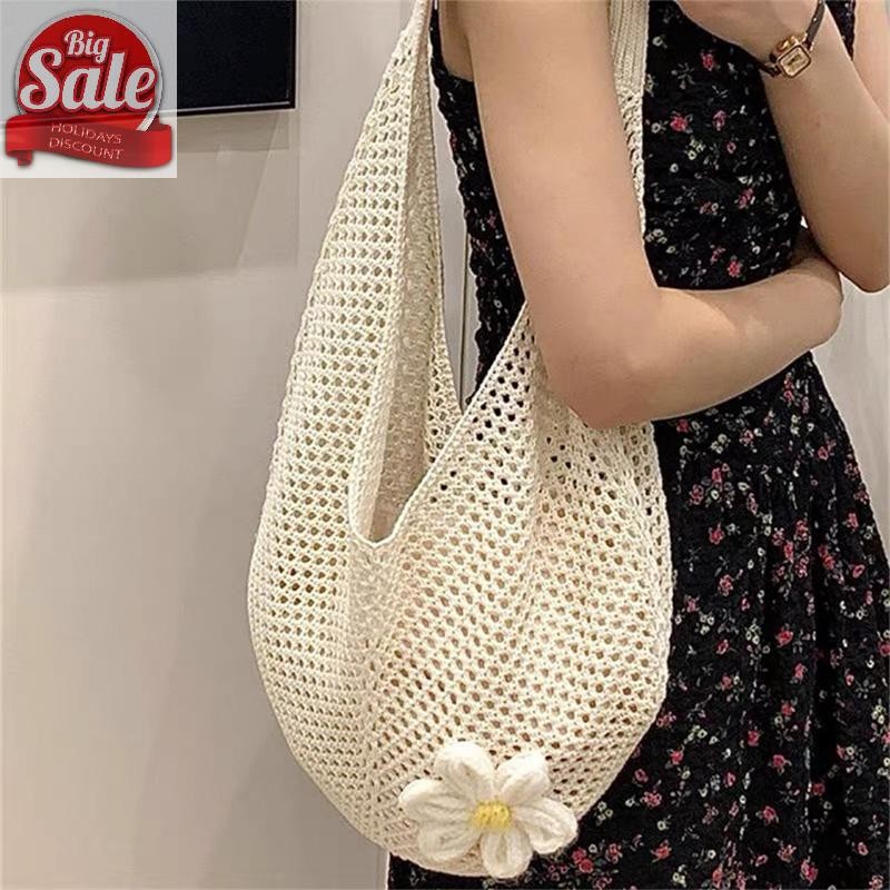 AF กระเป๋าถักผู้หญิงกระเป๋าสะพายสไตล์เกาหลีสไตล์ขี้เกียจถักกระเป๋าชายหาดลายดอกไม้กลวง A