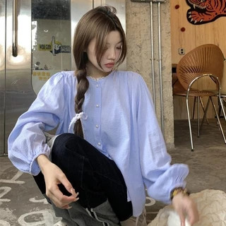 Cuites 🔥 เสื้อเชิ้ตแขนยาวผู้หญิงสไตล์เกาหลี ลายทาง สีพาสเทล เกาหลีแฟชั่นผู้หญิง W531