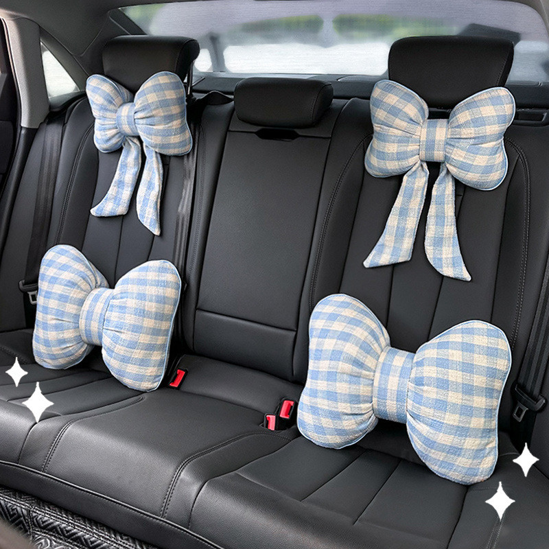 Automotive Headrest Lumbar Support Pillow Internet Popular Plaid Bow Ribbon Car Seat Cushion Waist P