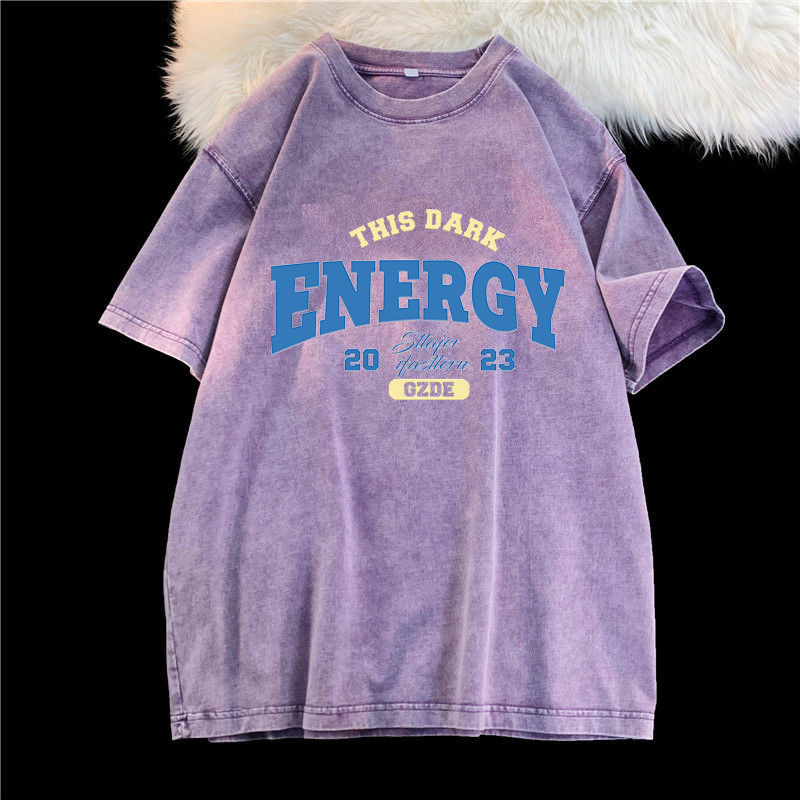 (จัดส่งตลอด 24 ชั่วโมง）Angle Official ล้างทำเก่าแขนสั้นเสื้อยืดผู้หญิงอเมริกันวินเทจยูโรสินค้าสีม่วงแขนครึ่งด้านบนที - รูปที่ 5