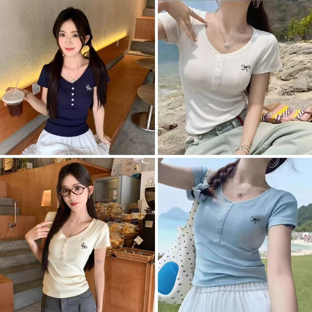 เสื้อยืดแขนสั้นปักลายโบว์ สวมใส่แล้วดูดี เหมาะกับทุกวัน
