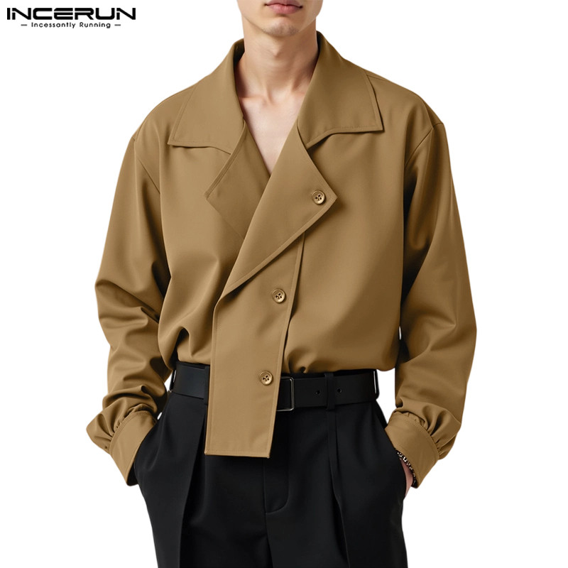 INCERUN ผู้ชายเกาหลีคุณภาพสูง Deconstruct Design เสื้อแขนยาวกระดุมแถวเดียว