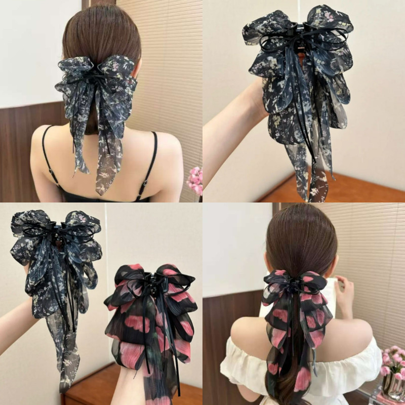 สีดําหลายชั้น Organza Bow Hair Clamp ผู้หญิงs Retro ดอกไม้ผมหางม้าคลิปผมอุปกรณ์เสริมผม
