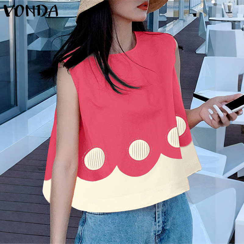 VONDA ผู้หญิงเกาหลีลําลองคอกลมแขนกุดพิมพ์ Girlish Everyday Wear Tanks - รูปที่ 3
