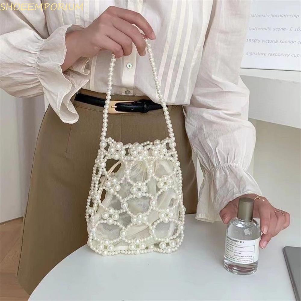 SHOEEMPORIUM Pearl Beaded Bag, Luxury Hollow Out ทอลูกปัดใต้วงแขนกระเป๋า, แฟชั่นโบฮีเมียกระเป๋าด้านใน Handmade กระเป๋าโทรศัพท์ขนาดเล็กชายหาด